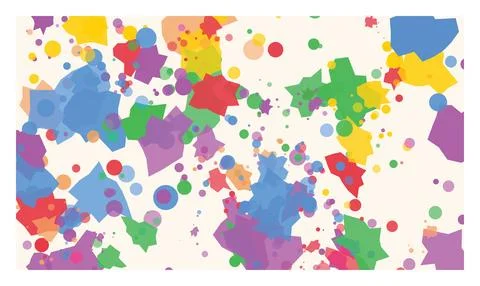 Fun abstract background with floating colorful geometric shapes and circles.. Stock Illustration