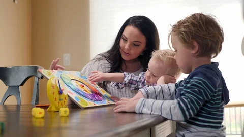 A Fun Activity Of Mother Teaching Her Kids How To Tell Time Using Toy Clock Video stock 129498683