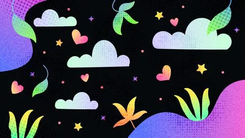Fun and Colorful Creative Background with Clouds, Stars, Hearts and Flowers イラスト素材