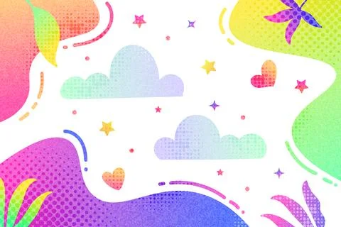 Fun and Colorful Creative Background with Clouds, Stars, Hearts and Flowers イラスト素材