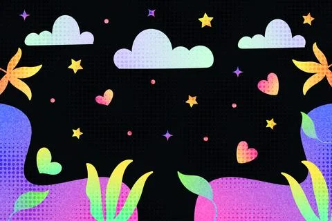 Fun and Colorful Creative Background with Clouds, Stars, Hearts and Flowers Stock Illustration