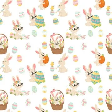: A fun and colorful seamless pattern with bunnies, chicks, and decorative .. Stock Illustration