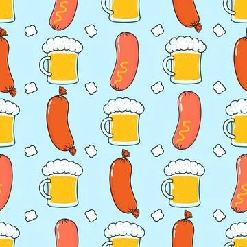 A fun and festive cartoon pattern featuring beer mugs and sausages. イラスト素材
