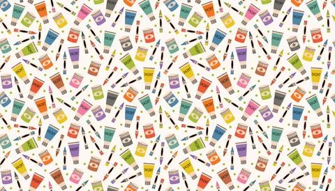 Fun and playful seamless pattern of messy crayons, paint tubes, and dots in b Illustrazione stock