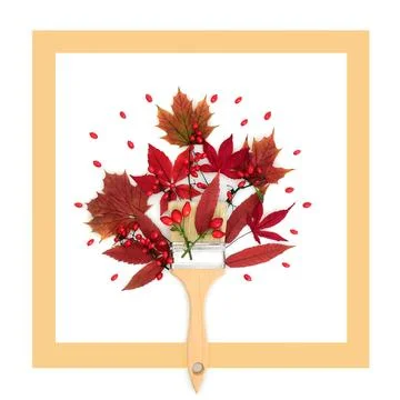 Fun Autumn Fall Paintbrush Red Berry and Leaves Design Stock Photos