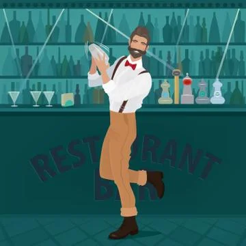 Fun bartender hipster shakes the shaker Illustrazione stock
