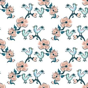 Fun Birds With Flowers Vector Repeat Seamless Pattern In Pale Pink And Blue Illustrazione stock