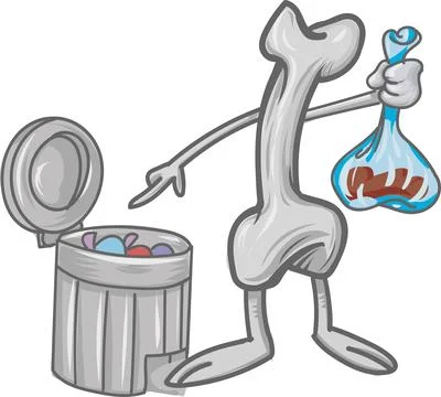 Fun bone throws poop in the bin. cartoon character Иллюстрация