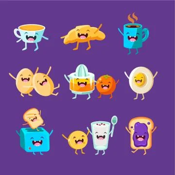 Fun Breakfast. Food with cute faces, happy Illustrazione stock