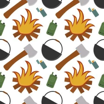 Fun camping pattern with objects on the white background Stock Illustration