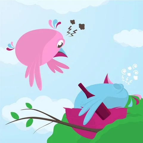 Fun cartoon of a bird returning to a drunk mate Stock Illustration