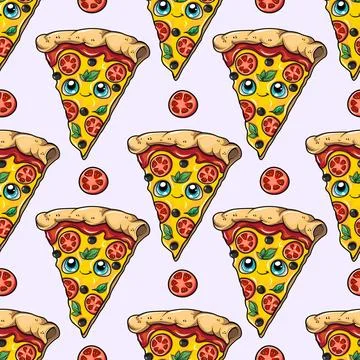 A fun cartoon pizza slice pattern featuring happy faces and tomato slices. Stock Illustration