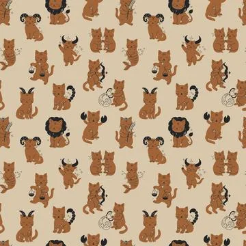 Fun Cat Pattern with Zodiac Themes and Astrological Designs Stock Illustration