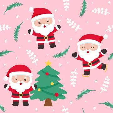 Fun Christmas pattern with dancing Santa, Christmas trees, and snowflakes o.. Stock Illustration