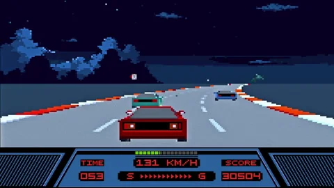 Fun Classic Arcade Game Racing Car With Pixel Graphics Passes Opponents Stock Footage 292643480