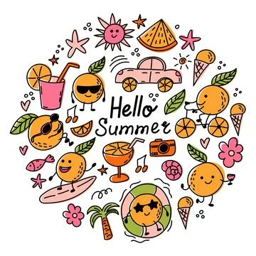 Fun, colorful summer collage featuring doodle oranges, drinks, and beach item Illustrazione stock