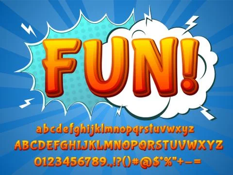 Fun comic font. Funny typeface, 3d colorful letters and cartoon explosion Stock Illustration