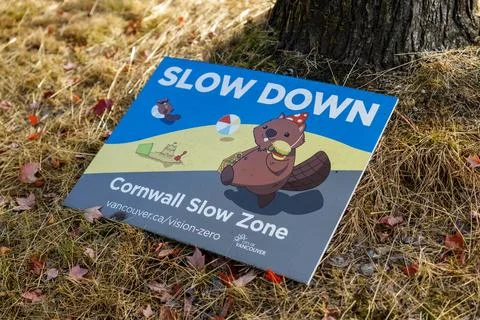 Fun Cornwall Slow Zone sign in Vancouver Stock Photos