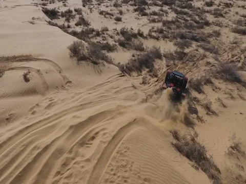 Fun Cruiser rides through the desert and along the steppe race of the rally Stock Footage 74579187