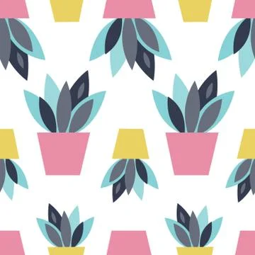 Fun cute seamless pattern with plants in the pink and yellow pots Stock Illustration