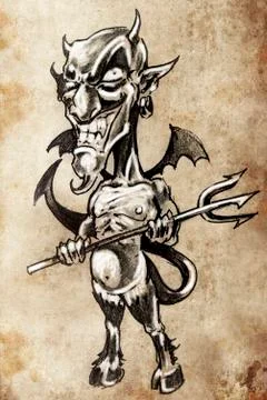 Fun devil cartoon, tattoo sketch, handmade design over vintage paper Stockillustratie