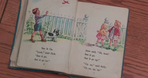 Fun with Dick and Jane book - Learning to read - Open Book - See it Go Stock Footage 257824320