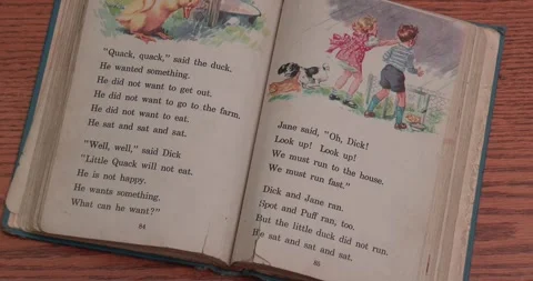Fun with Dick and Jane book - Learning to read - Open Book Stock Footage 257829691