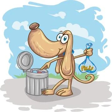 Fun Dog throws poop in the bin. cartoon character. on background Stock Illustration