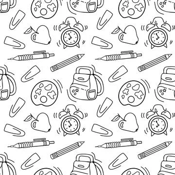 A fun doodle pattern themed for back-to-school, featuring an alarm clock Stock Illustration