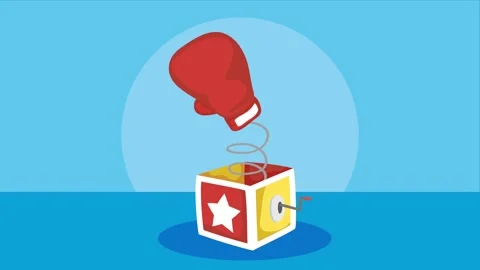 Fun dynamic animation of a jack in the box toy popping up a red boxing glov.. Stock Footage 338401116
