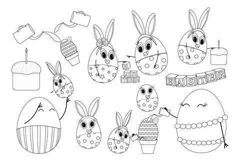 Fun Easter Coloring Page with Cute Bunny Eggs and Festive Elements 스톡 일러스트
