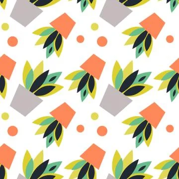 Fun elegant seamless pattern with houseplants and dots Stock Illustration