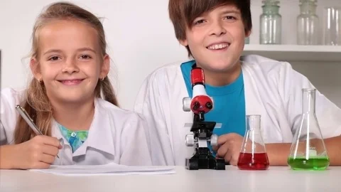 Fun in elementary school chemistry class Stock Footage 72267324