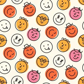 Fun Emoji Icons Seamless Pattern, Emoticon Faces Stock Illustration