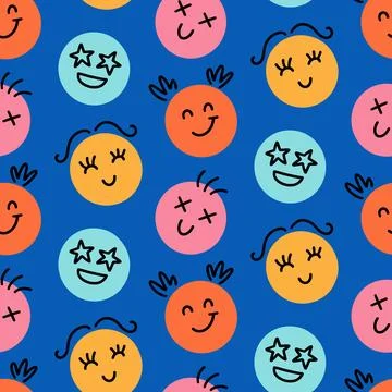 Fun Emoji Icons Seamless Pattern, Emoticon Faces Stock Illustration