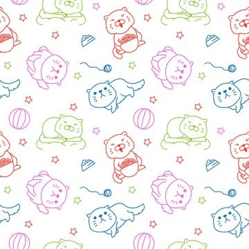 Fun Fat Cat Playing Eating Seamless Pattern Texture Background Wrapping イラスト素材