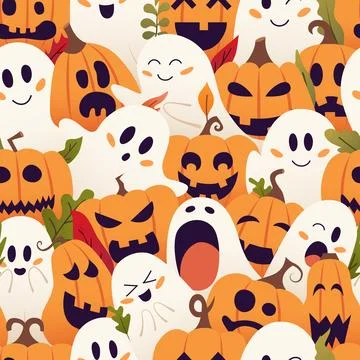 Fun festive seamless Halloween pattern with playful ghosts and jack o lante.. Stock Illustration