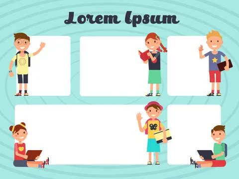 Fun frames kids layout. Vector texting brochure backgrounds with cartoon Stock Illustration