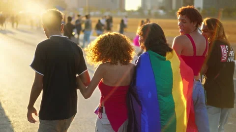 Fun gay non binary friends walk lgbt pride party. Lgbtq parade, queer community. Stock Footage 303504925