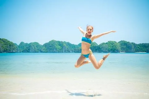 Fun girl jumping 스톡 사진