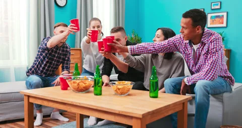 Fun group of friends making toast celebrating friendship at party reunion 스톡 동영상 152371864