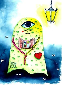Fun Halloween ghost with lantern, cute hand drawn background. Halloween Stock Illustration
