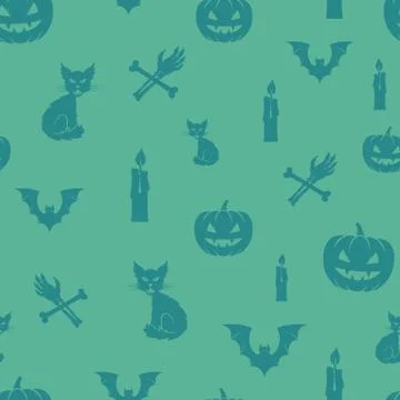 Fun Halloween Icons Vector Seamless Background Pattern. Cats, Pumpkins and Bats Illustrazione stock