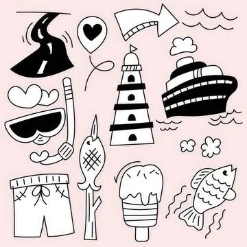 Fun hand-drawn beach and ocean summer vacation icons Stock Illustration