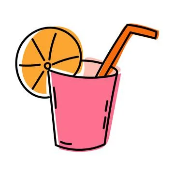Fun, hand drawn pink drink with orange slice and straw for summer refreshment Stock Illustration