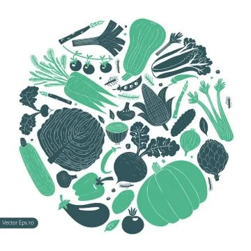 Fun hand drawn vegetables design template. Monochrome graphic. Vegetables bac Stock Illustration