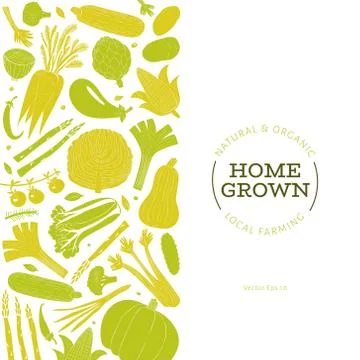 Fun hand drawn vegetables design template. Food background. Linocut style. He Stock Illustration