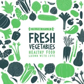 Fun hand drawn vegetables design template. Food background. Linocut style. He Stock Illustration