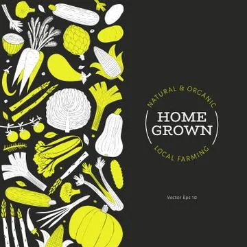 Fun hand drawn vegetables design template. Food background. Linocut style. He Stock Illustration