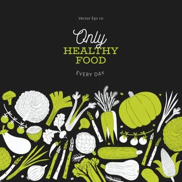 Fun hand drawn vegetables design template. Food background. Linocut style. He Stock Illustration